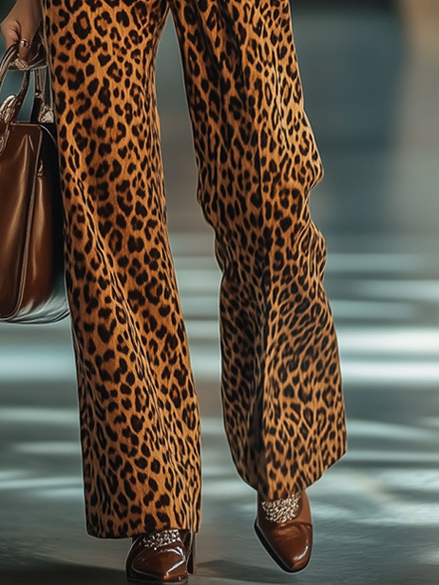 Expédition rapide en 24h : Pantalons vintage en velours à imprimé léopard avec taille élastique et poches