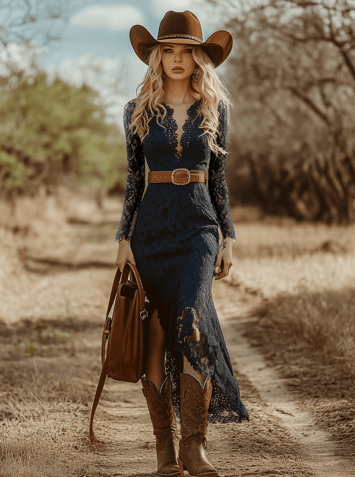 Robe Bohémienne Vintage en Dentelle Bleue à Manches Longues - Élégance Midi