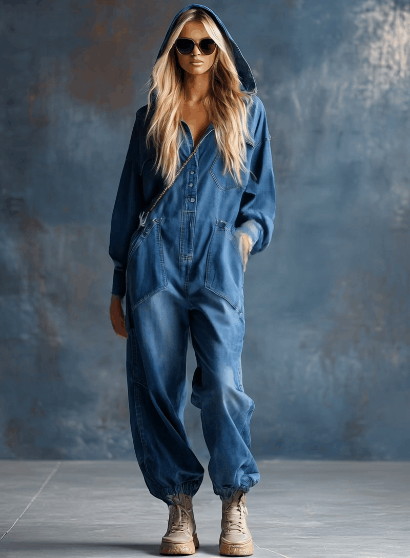 Denim Bleu Décontracté : Combinaison à Capuche, Coupe Ample et Manches Longues