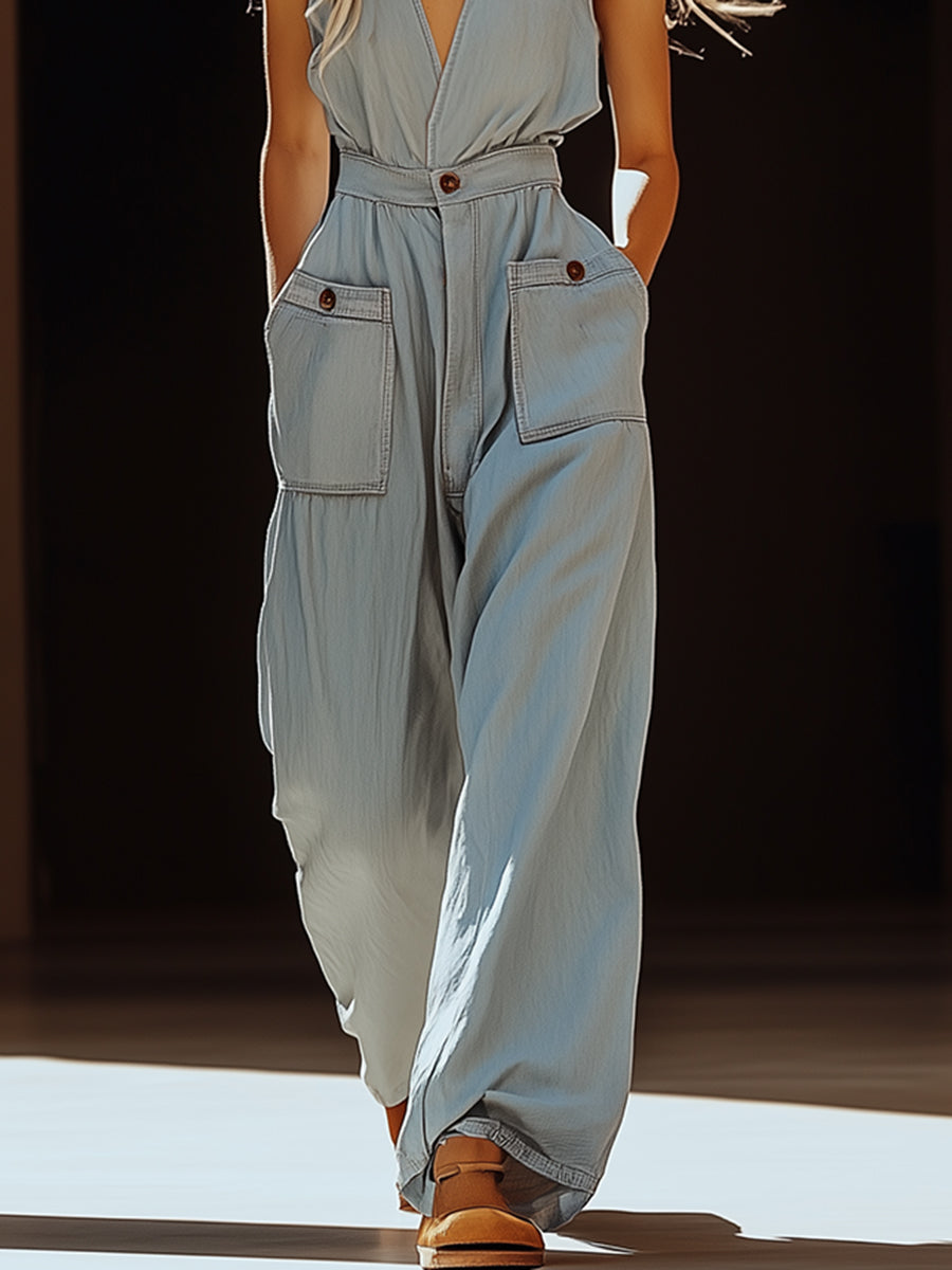 Expédition rapide en 24h : Salopette en denim Tencel gris-bleu avec poches pratiques