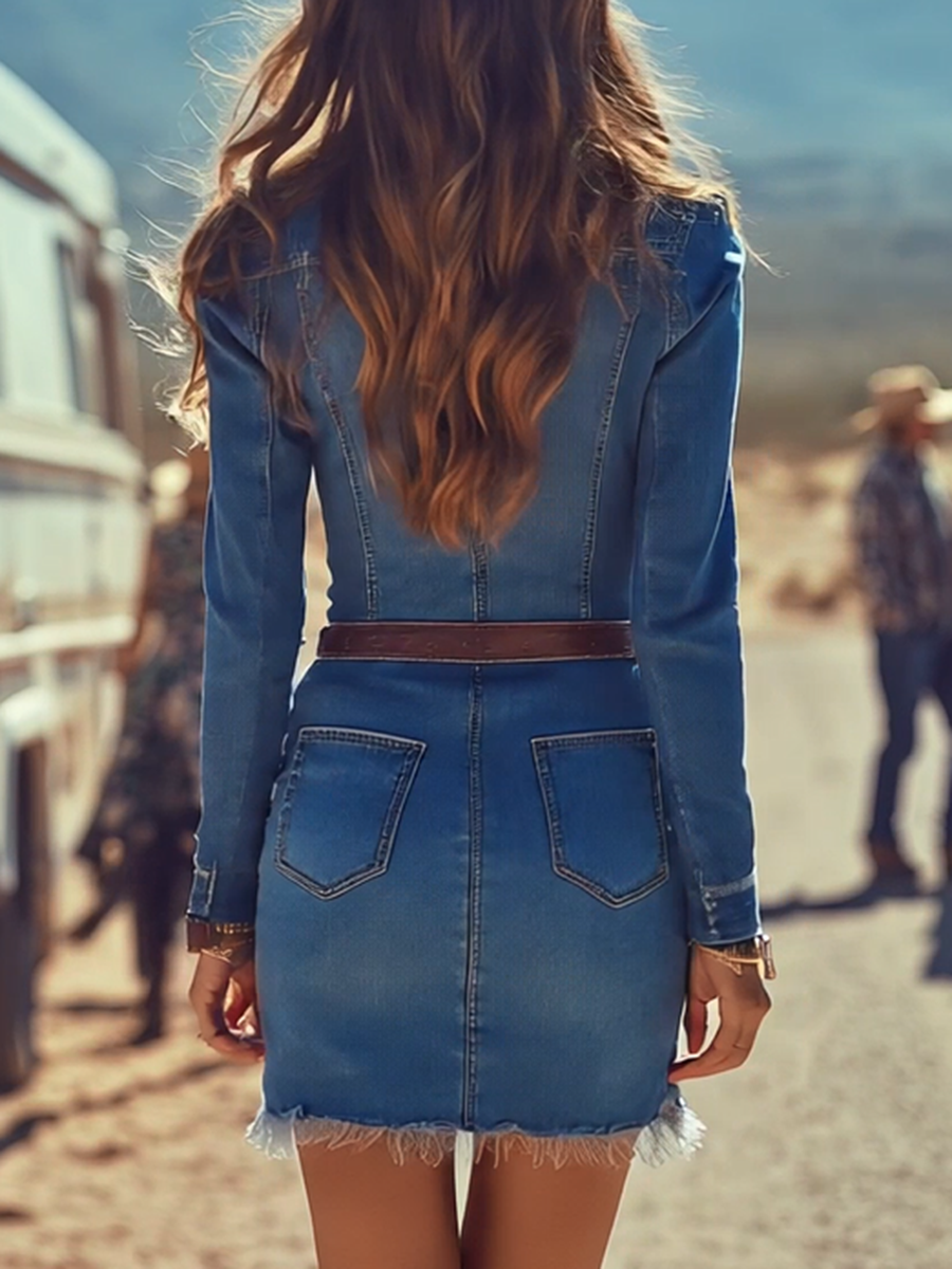 Robe Mini en Denim Bleu à Manches Longues avec Finitions Effilochées