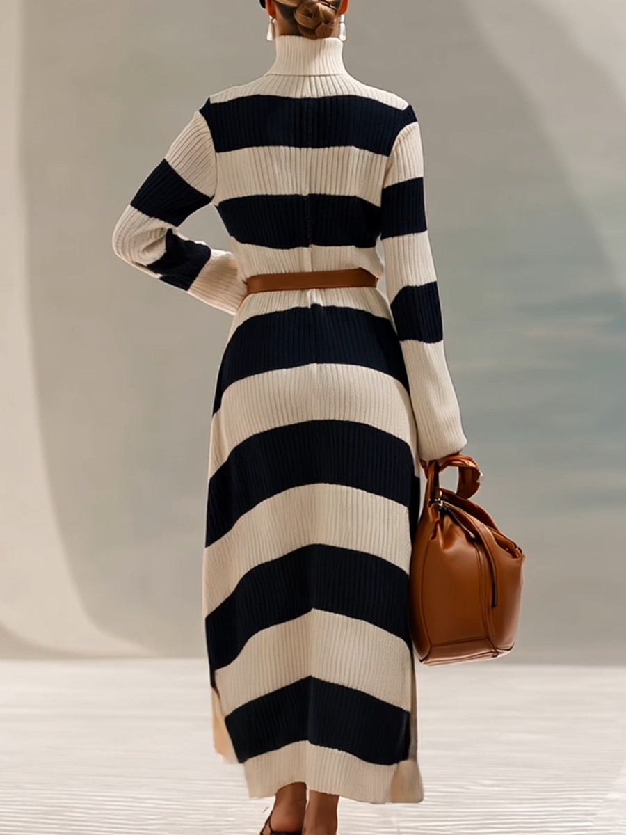 Robe Maxi Tricot à Manches Longues avec Col Haut - Élégance et Style en Rayures Contrastées Bleu Marine et Blanc