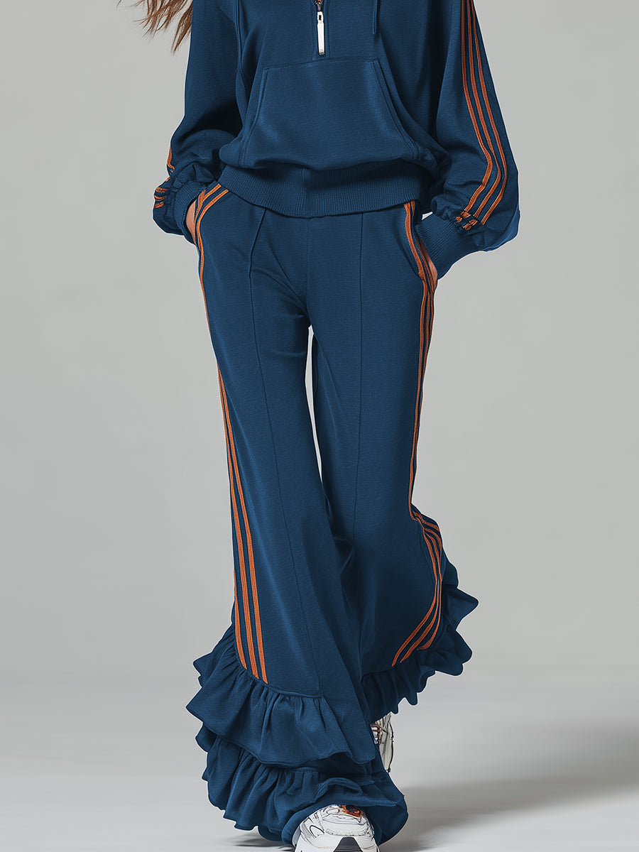 Ensemble Sportif Bleu Foncé : Sweat à Capuche avec Volants et Pantalon Décontracté