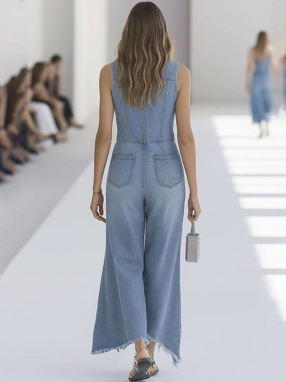 【Expédition en 24h】Combinaison sans manches en denim bleu clair au style rétro avec bords bruts et fermeture éclair - Taille Large