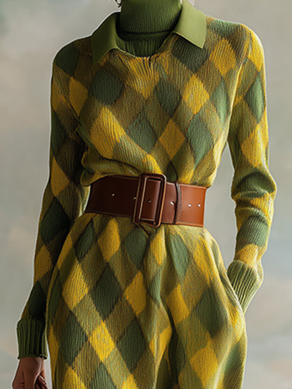 Robe Maxi Tricotée à Motif Carreaux Jaunes et Verts avec Détails Rétro Urbains