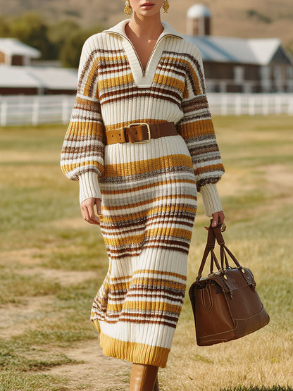 Robe Midi Rayée Tricotée Jaune et Marron avec Fermeture Éclair Mi-Saison