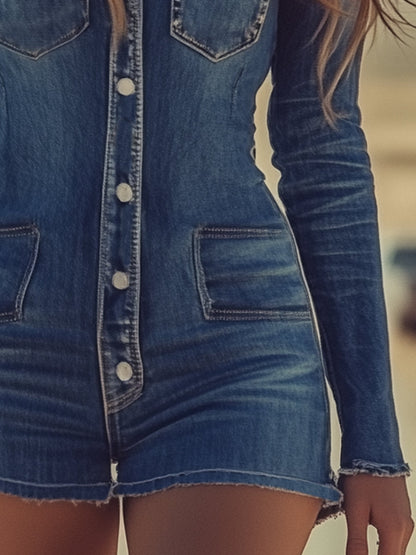 Salopette en Denim Bleu à Manches Longues avec Boutons Rétro