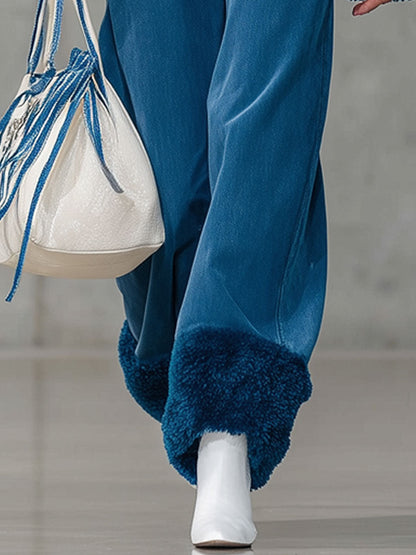 Jean Vintage Décontracté en Polaire Doublée - Large et Retroussé