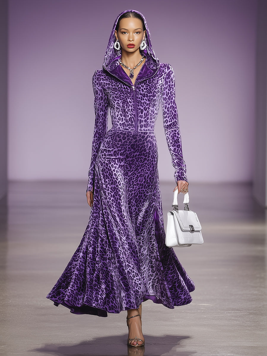 Robe Maxi en Velours Violet à Imprimé Léopard avec Capuche