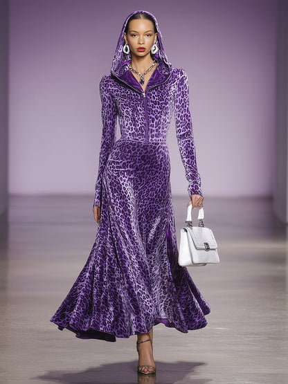 Robe Maxi en Velours Violet à Imprimé Léopard avec Capuche