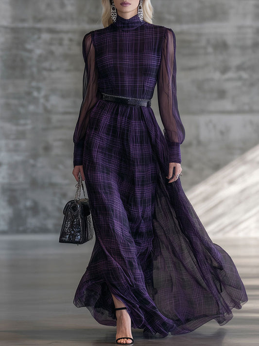 Robe Maxi Vintage Violet en Organza et Coton à Carreaux avec Col Roulé et Manches Longues