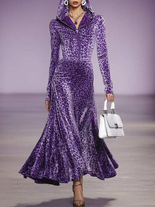 Robe Maxi en Velours Violet à Imprimé Léopard avec Capuche