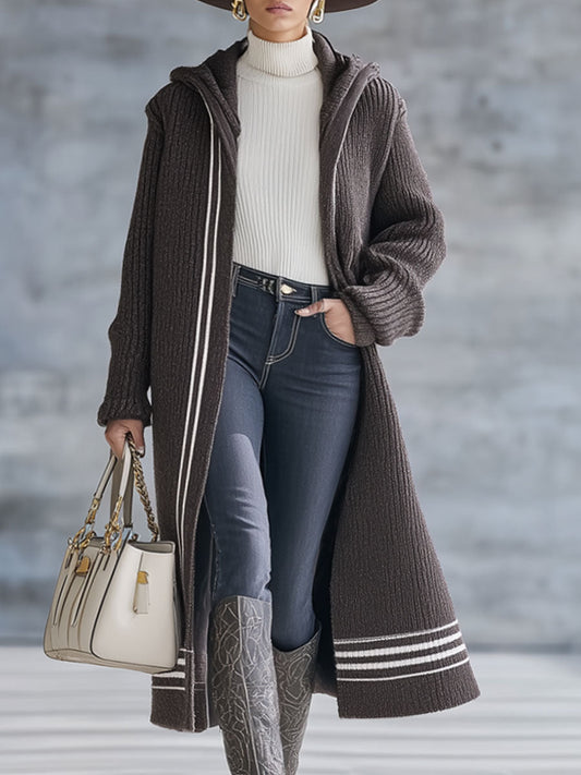 Chic Cardigan à Capuche Rayé en Chocolat Brun - Style Décontracté