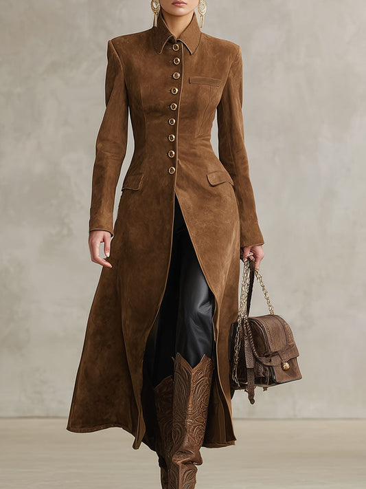 Veste Western en Faux Daim avec Revers et Boutonnage Simple