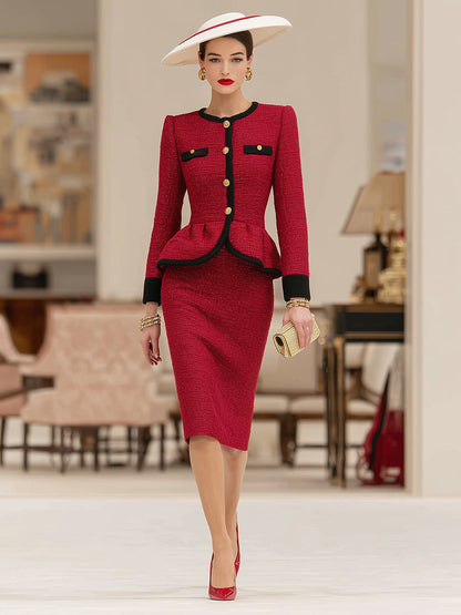 Ensemble Chic en Tweed Rouge Patchwork avec Veste Noire et Jupe Élégante