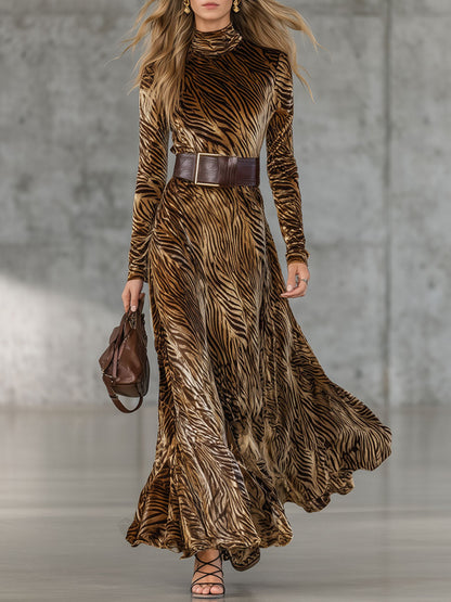 Robe Maxi Velours Doré Imprimé Zèbre avec Lacets - Style Western Rétro