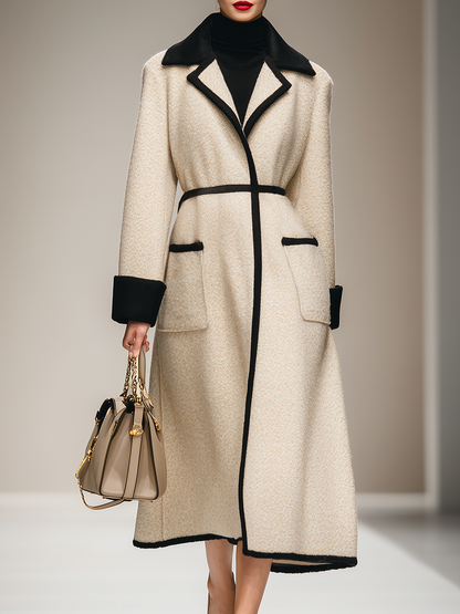 Longue Manteau Élégant Rétro avec Col Revers et Bordure Contrastante