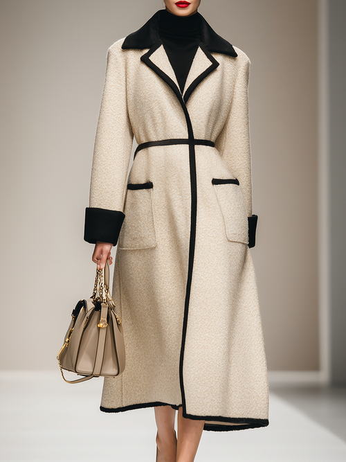 Longue Manteau Élégant Rétro avec Col Revers et Bordure Contrastante