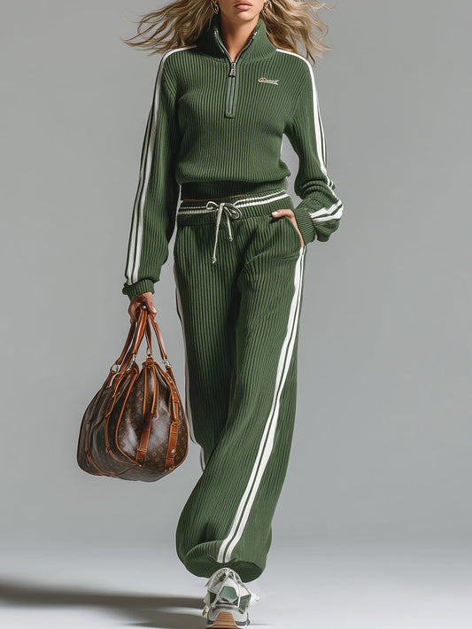 Ensemble Sportif en Maille Verte avec Demi-Zip et Pantalon Relax