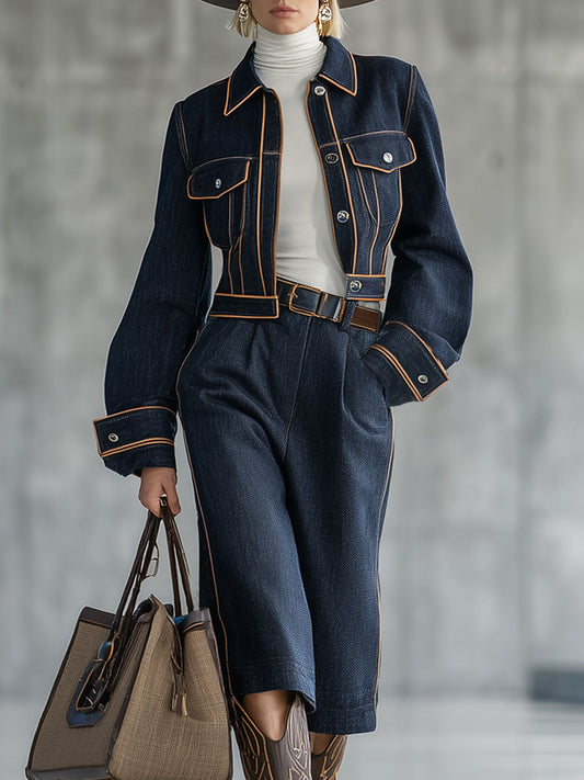 Ensemble Chic : Veste en Jean Navy au Style Rétro et Pantalon Court