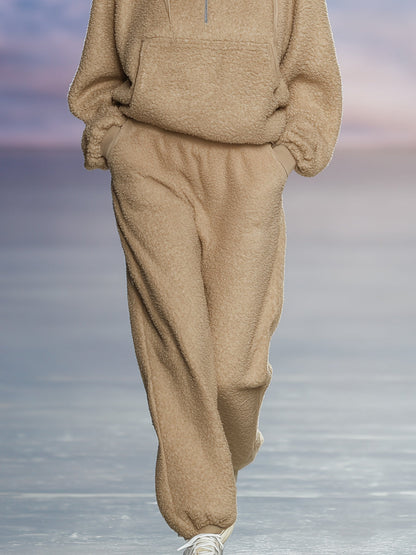 Ensemble Décontracté en Fleece Polaire Marron Clair avec Capuche