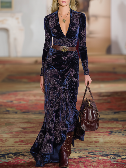 Robe Maxi Velours Rétro Western à Col V et Manches Longues
