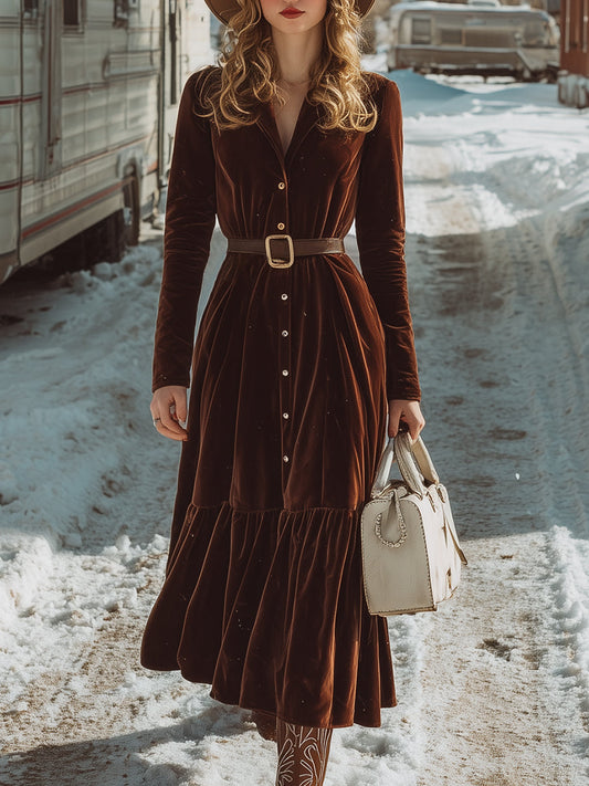 Robe Maxi Plissée en Velours Brun avec Revers et Détails Boutonnés