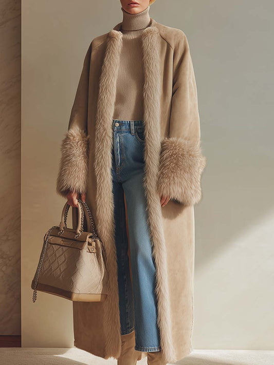 Elegant Long Faux Suede Coat with Luxurious Fleece Lining and Chic Faux Fur Trim