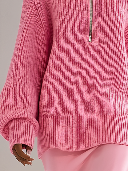 Pull Chic à Col Montant Zippé et Manches Longues