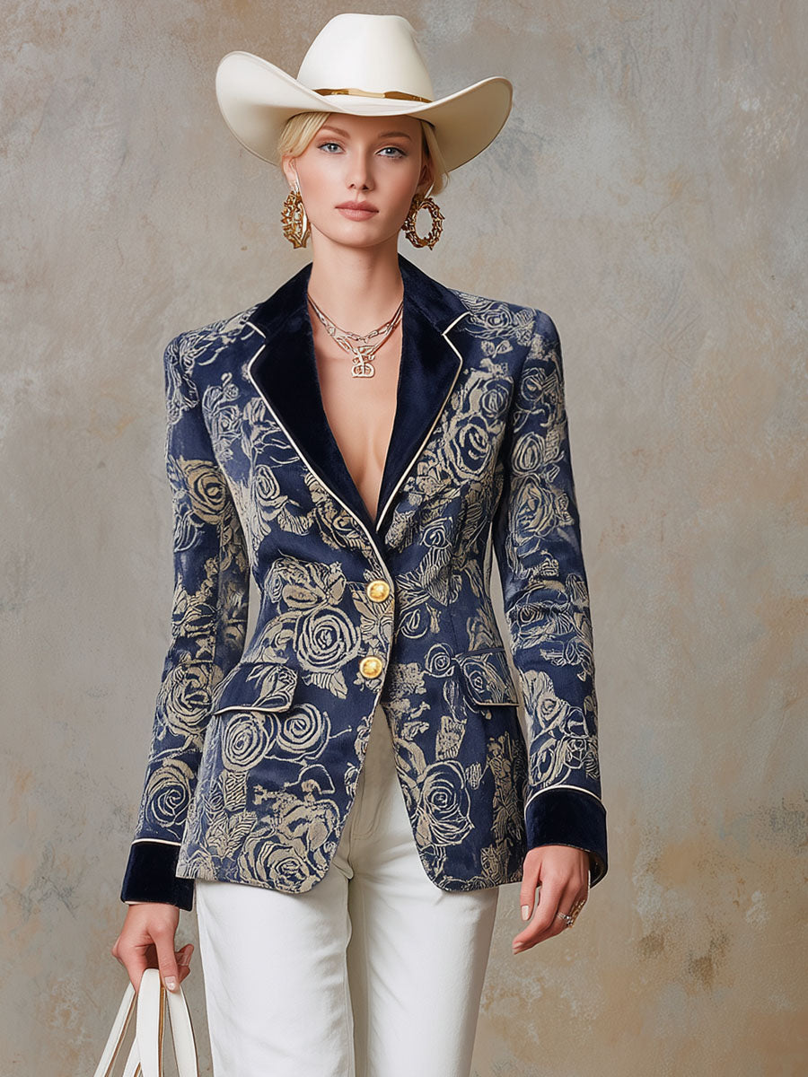 Veste en velours à motifs rétro de roses avec coutures contrastées