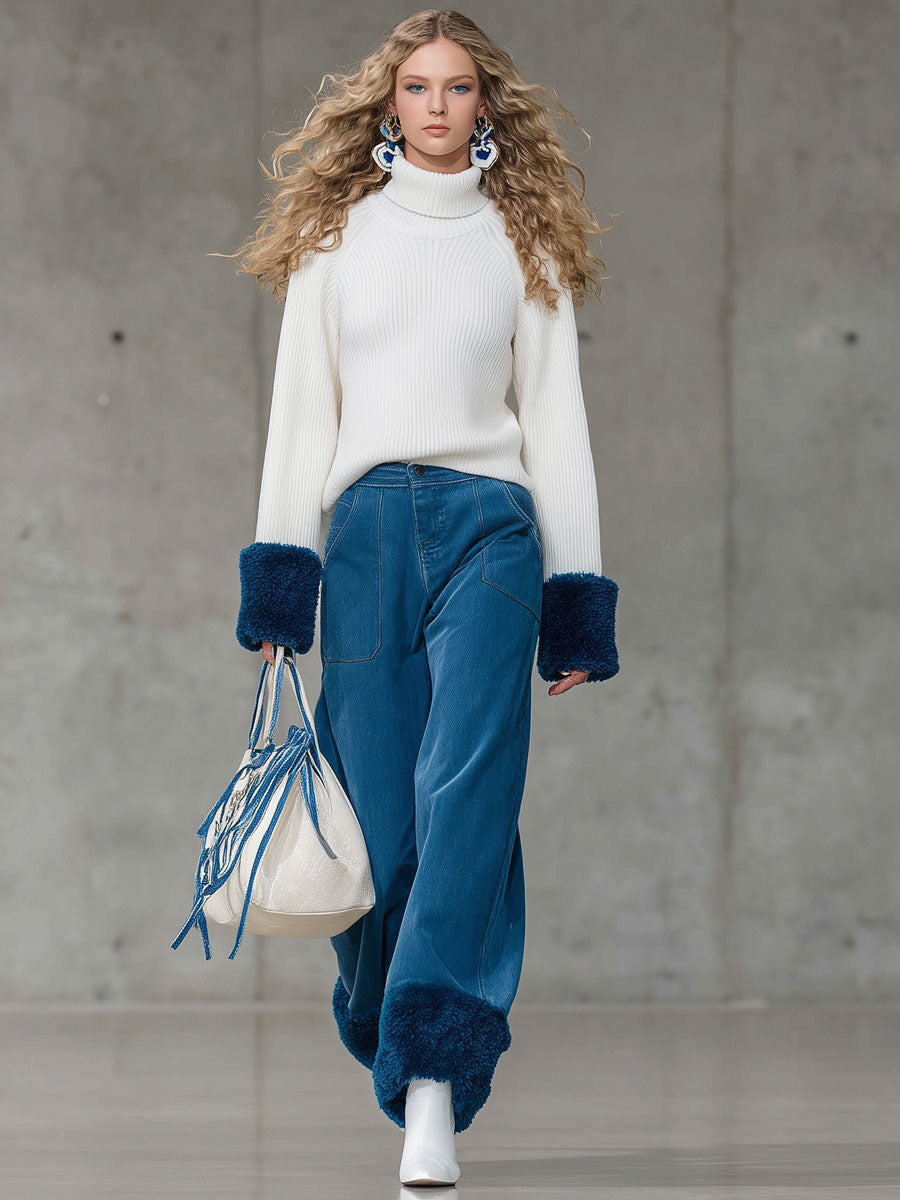 Jean Vintage Décontracté en Polaire Doublée - Large et Retroussé