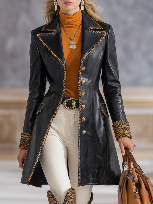 Veste en simili cuir avec col à revers et motif léopard