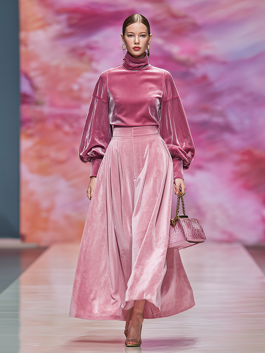 Ensemble Chic : T-shirt en Velours à Col Montant et Jupe à Manches Longues