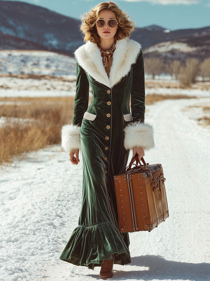 Robe Maxi en Velours Vert Foncé avec Col en Fausse Fourrure Rétro et Volants Élégants