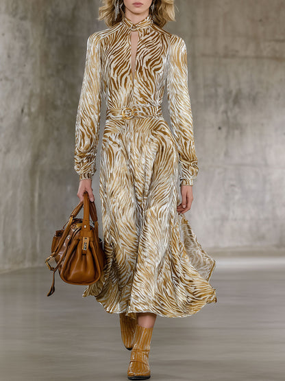 Robe Midi Velours Champagne à Manches Longues - Élégance Rétro avec Motif Zèbre