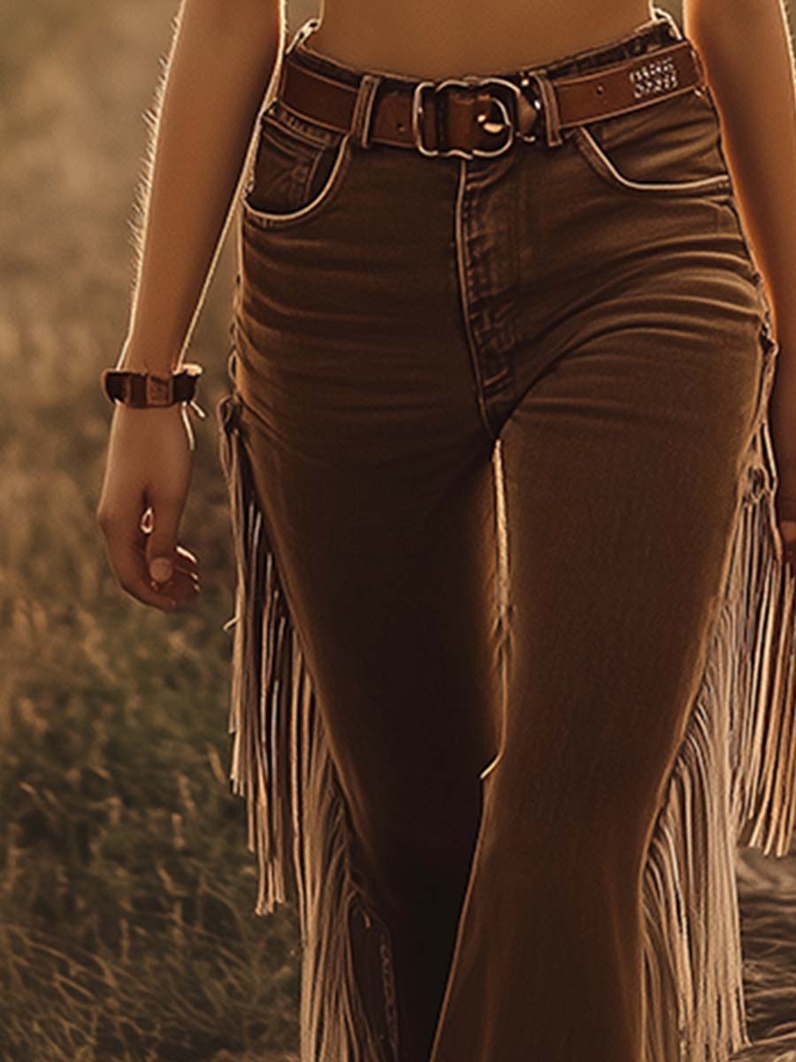 Jeans Évasés Vintage Western Marron avec Franges - Expédition en 24 Heures !