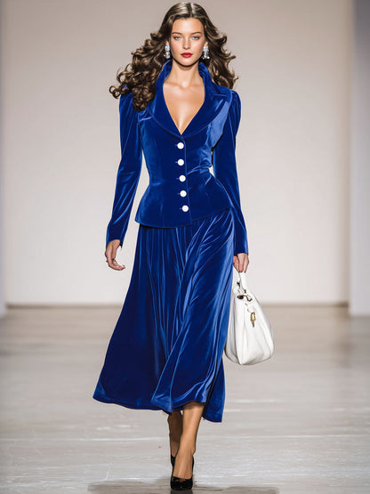 Robe en Velours Bleu Royal avec Col Élégant et Jupe Flottante