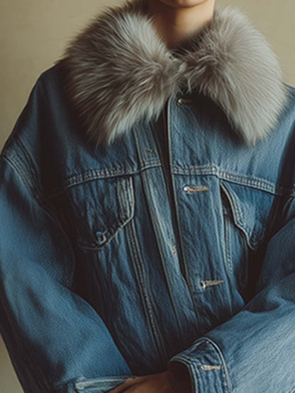 Veste mi-longue en denim bleu tendance avec col en fausse fourrure amovible