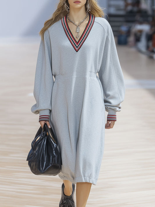 Robe Midi Décontractée Rayée Gris Clair à Manches Longues