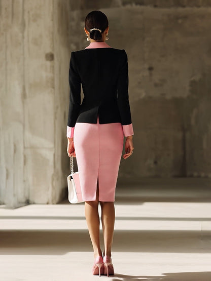 Chic Ensemble : Veste Noire Tricotée avec Jupe Rose Contrastante