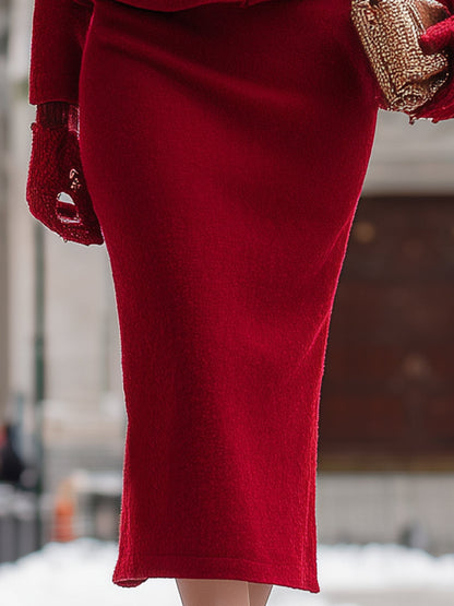 Ensemble Élégant en Tweed Rouge Vintage avec Veste Boutonnée et Jupe