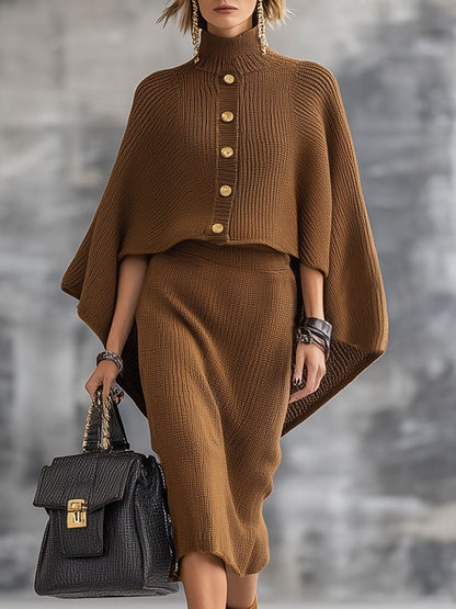 Ensemble Décontracté en Tricot Marron à Motif Rétro