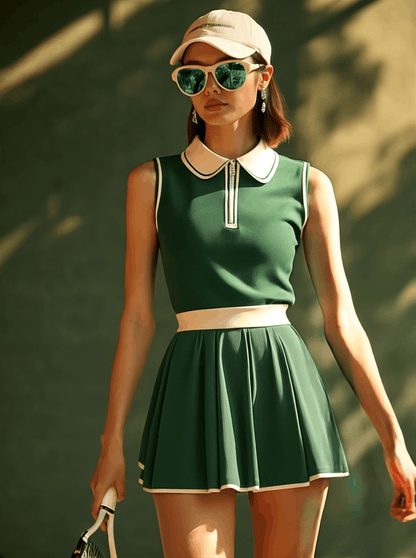 Robe Mini Sans Manches Verte à Col Polo avec Détails Blancs - Expédition Rapide en 24 Heures