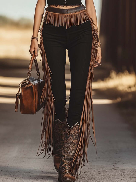 Livraison rapide en 24 heures : Pantalon crayon en denim noir avec franges latérales en coton