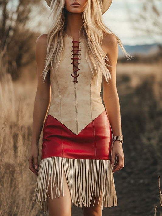 Expédition Rapide en 24h : Robe Mini Élégante Sans Manches au Style Rétro Western avec Franges Contrastées
