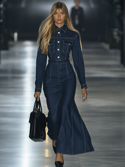Robe Maxi Vintage en Denim à Lacets - Manches Longues, Style Slim Décontracté - Expédition Rapide sous 24 Heures