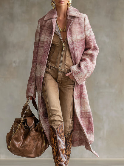 Veste en Laine à Motif Carreaux Roses avec Poches Doubles et Revers Élégants