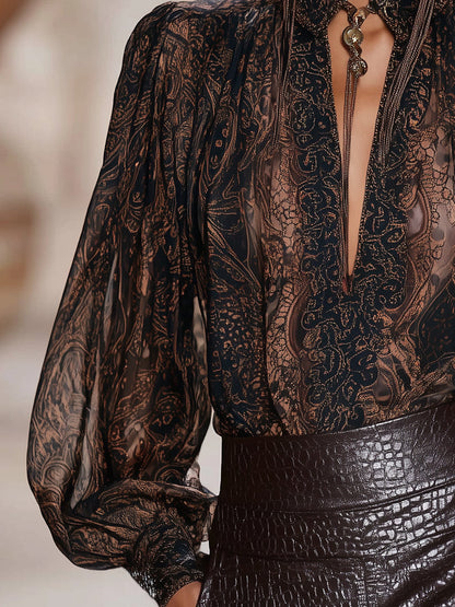 Chemise V en Chocolat Mocha - Imprimé Longue Manche Premium