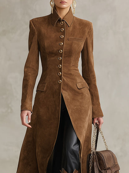 Veste Western en Faux Daim avec Revers et Boutonnage Simple