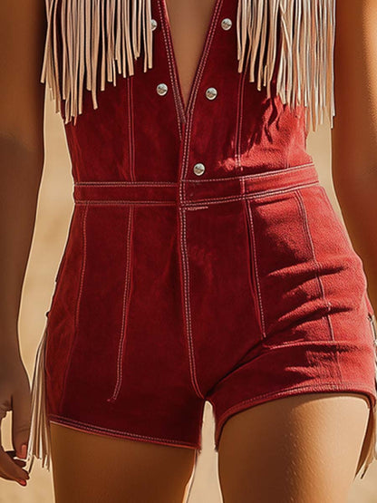 Expédition Rapide : Combinaison Rouge en Suède Style Cowboy avec Boutons Argentés et Franges Beiges
